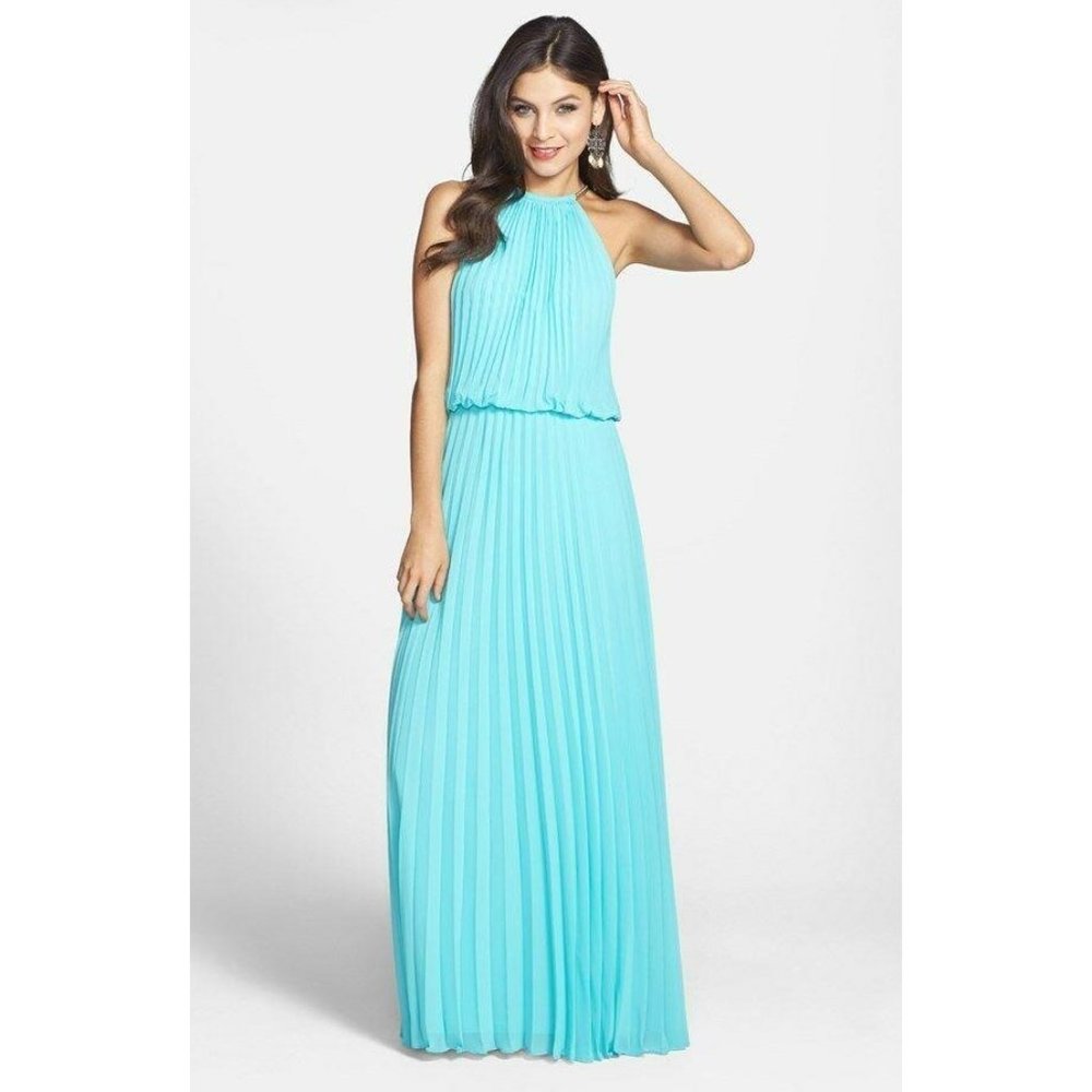 Xscape Pleated Halter Blouson Gown 4 Nwot